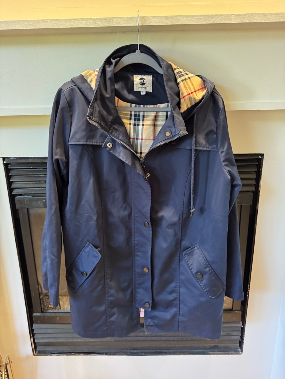 Women's Navy Hooded Trench Coat with Plaid Lining
